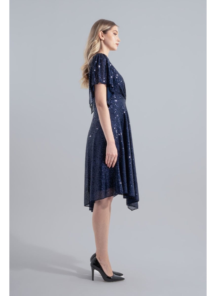 HOX'S - Angel | Sequined Midi Flared Evening Dress Double Breasted Neck Handkerchief Sleeve Asymmetrical Skirt - Navy Blue - Image 1