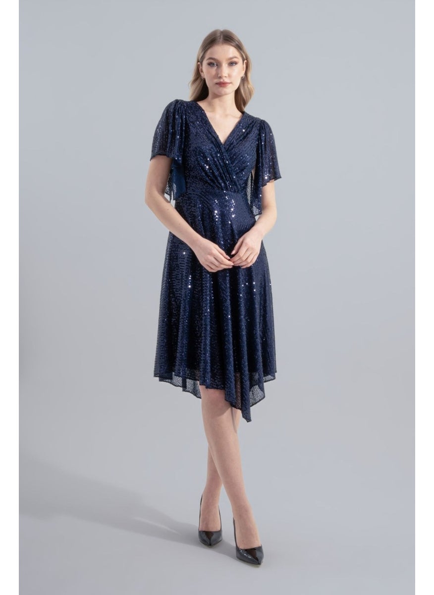 HOX'S - Angel | Sequined Midi Flared Evening Dress Double Breasted Neck Handkerchief Sleeve Asymmetrical Skirt - Navy Blue - Image 1