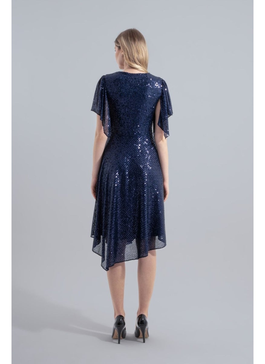 HOX'S - Angel | Sequined Midi Flared Evening Dress Double Breasted Neck Handkerchief Sleeve Asymmetrical Skirt - Navy Blue - Image 1