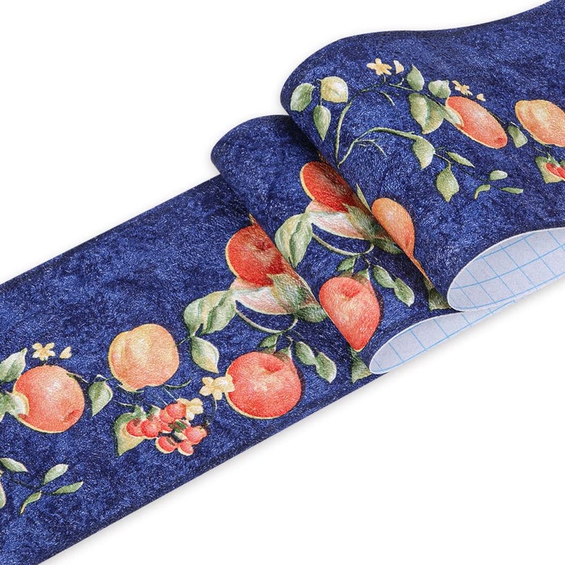 JZHOME 701 Fruits Wallpaper Border Peel and Stick 3D Embossed Floral Leaves Wall Border 42 x164ft Blue Self Adhesive Molding Easy to Apply for Kitchen Dining Room Furniture Decor
