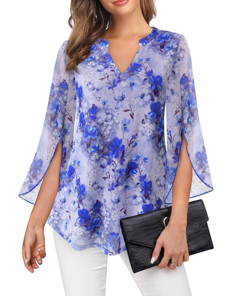 VALOLIA Plus Size Blouses For Women: Loose Fit 3/4 Sleeve Breathable Elegant Shirts - Business Casual Tops For Women - Flowy Tunic Tops Lightweight Dressy Fomal Blouses for Church Blue Floral XXL - Image 2