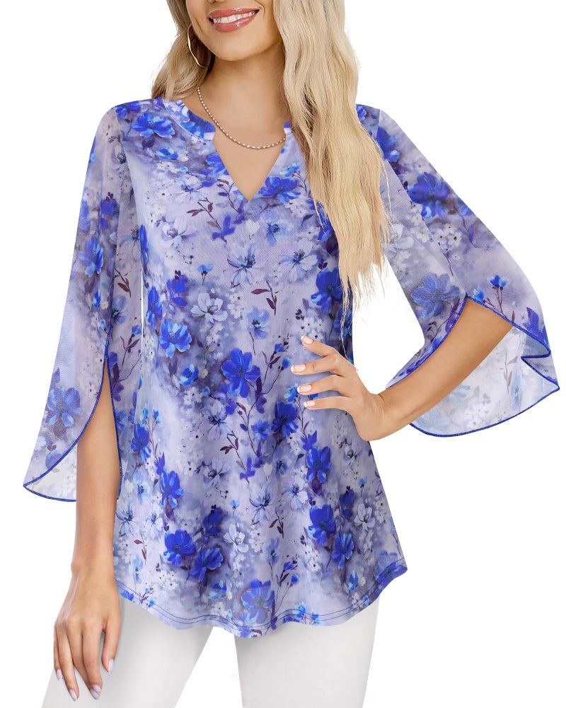 VALOLIA Plus Size Blouses For Women: Loose Fit 3/4 Sleeve Breathable Elegant Shirts - Business Casual Tops For Women - Flowy Tunic Tops Lightweight Dressy Fomal Blouses for Church Blue Floral XXL - Image 4