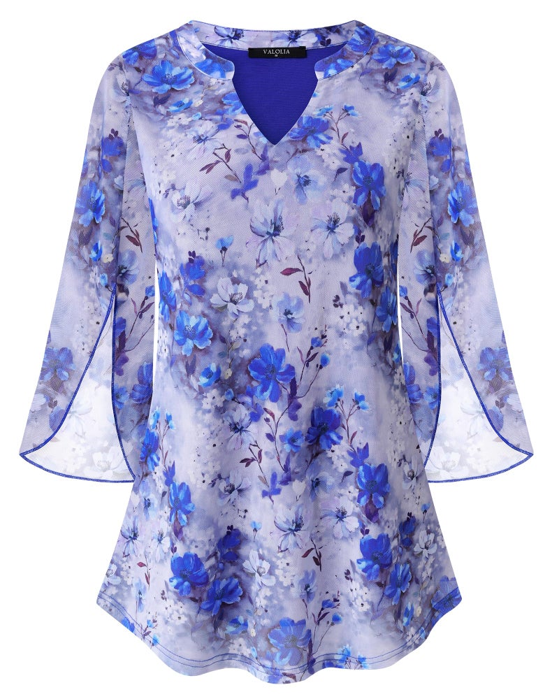 VALOLIA Plus Size Blouses For Women: Loose Fit 3/4 Sleeve Breathable Elegant Shirts - Business Casual Tops For Women - Flowy Tunic Tops Lightweight Dressy Fomal Blouses for Church Blue Floral XXL - Image 1