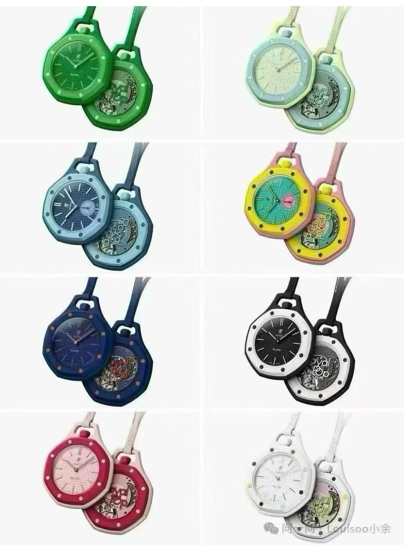 Yellow & Teal Octagonal Designer Pocket Watch – Textured Dial Manual Wind Mechanical Watch | Sculpted Geometric Case in Bioceramic Finish | Artistic Skeleton-Style Craft Design | Pink Subdial Fashion Pendant Watch with Leather Lanyard - Image 4