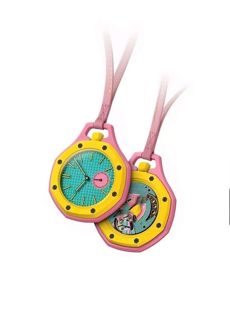 Yellow & Teal Octagonal Designer Pocket Watch – Textured Dial Manual Wind Mechanical Watch | Sculpted Geometric Case in Bioceramic Finish | Artistic Skeleton-Style Craft Design | Pink Subdial Fashion Pendant Watch with Leather Lanyard - Image 1