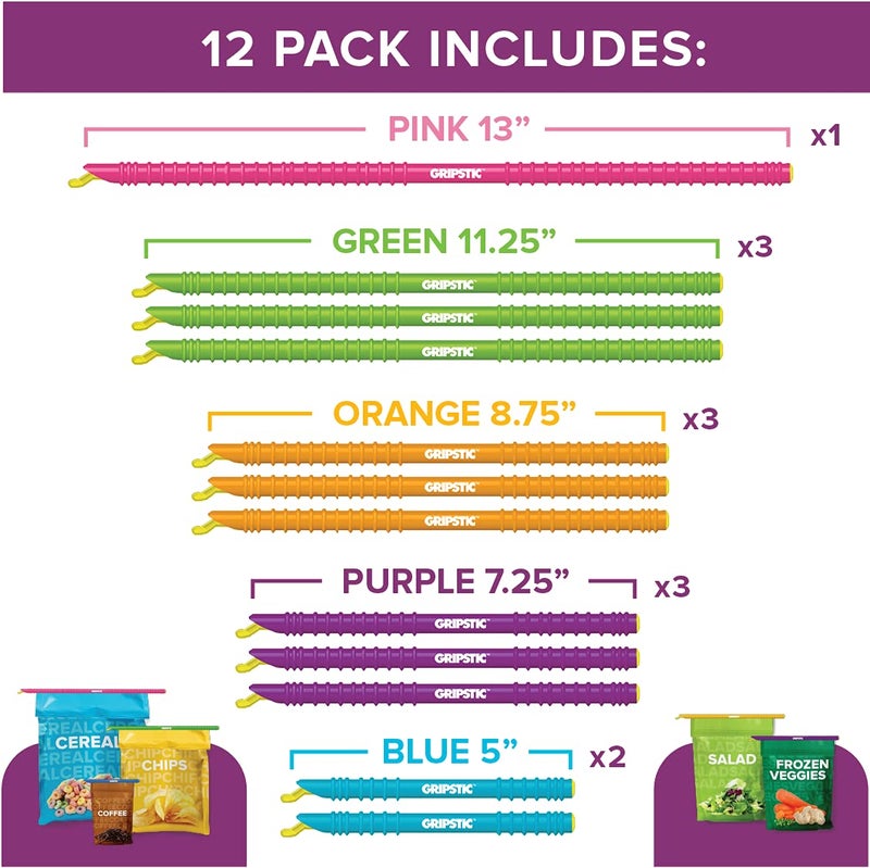 GripStic Bag Clips. 12pc Durable Food Clip Set for Kitchen Storage. Reusable Chip Bag Clips. Color Coded Bag Closure Sticks Provide Air Tight Seal. Durable Cereal Bag Clips. Chip Clips Reinvented. - Image 2