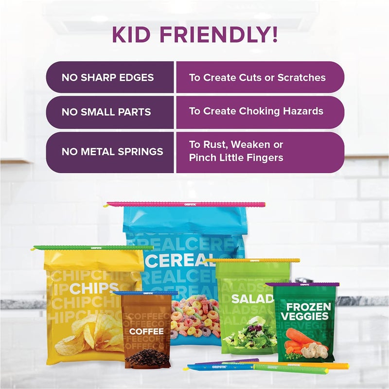 GripStic Bag Clips. 12pc Durable Food Clip Set for Kitchen Storage. Reusable Chip Bag Clips. Color Coded Bag Closure Sticks Provide Air Tight Seal. Durable Cereal Bag Clips. Chip Clips Reinvented. - Image 3