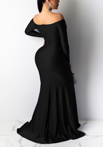 Vakkest Formal Long Sleeve Evening Dress Solid Color Prom Gown Front Split Wedding Party Maxi Dress - Image 2