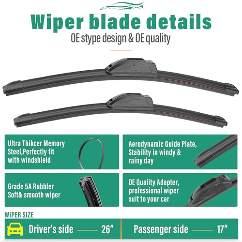 WINDSMILE 26" 17" 12" Windshield Wiper Blades Replacement for Nissan Rogue 2014 2015 2016 2017 2018 2019 2020 2021 2022 2023 Premium All Weather Front Rear Wipers Set - OEM Quality (Pack of 3) - Image 3