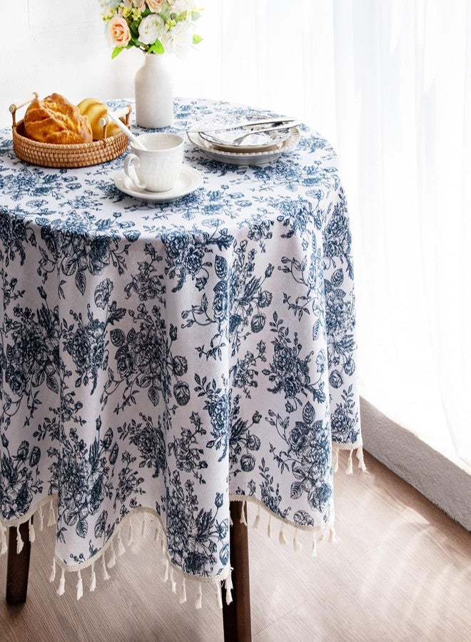 LOVOUS Vintage Blue Floral Round Tablecloth 60 Inch - Washable Linen Table Cloth for Round Table Cover Indoor & Outdoor Dining, Restaurant, Picnic, Pastoral Tablecloth Decor - Image 1