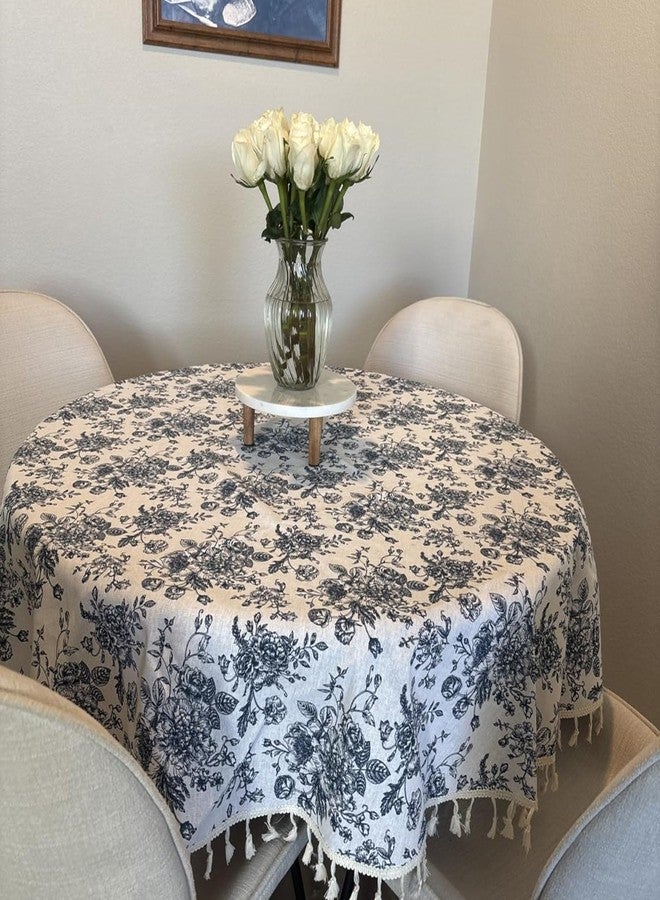 LOVOUS Vintage Blue Floral Round Tablecloth 60 Inch - Washable Linen Table Cloth for Round Table Cover Indoor & Outdoor Dining, Restaurant, Picnic, Pastoral Tablecloth Decor - Image 2