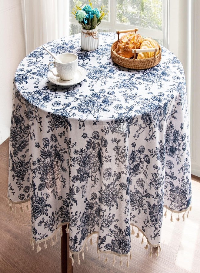 LOVOUS Vintage Blue Floral Round Tablecloth 60 Inch - Washable Linen Table Cloth for Round Table Cover Indoor & Outdoor Dining, Restaurant, Picnic, Pastoral Tablecloth Decor - Image 3