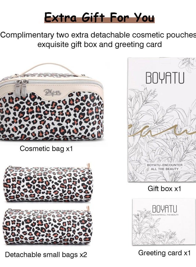 BOYATU Travel Makeup Bags Cosmetic Organizer Bag: 3-Set Large Capacity Make up Bag - PU Leather Toiletry Bags for Women - Wide Open Portable Pouch with Divider & Handle, 12-White - Image 2
