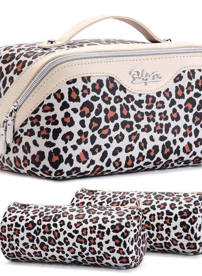 BOYATU Travel Makeup Bags Cosmetic Organizer Bag: 3-Set Large Capacity Make up Bag - PU Leather Toiletry Bags for Women - Wide Open Portable Pouch with Divider & Handle, 12-White - Image 1