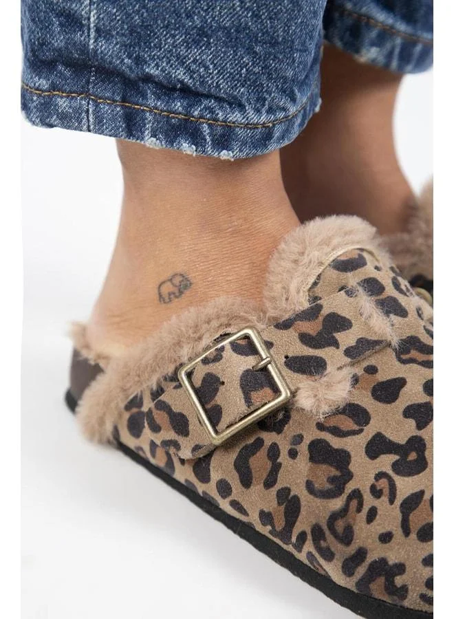 Manijero  (Zeta 2 Fur Leopard) Women's Genuine Leather Belted Buckle Sabo Vizon Slipper. for Women | Best Price UAE