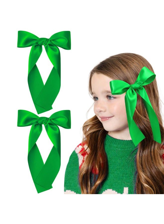 NCMAMA 2Pcs Long Ribbon Hair Bows for Girls Hair Clip Silk Hair Bow Ribbon Hair Accessories for Baby Toddlers Infant Teens Kids (Green) - Image 1
