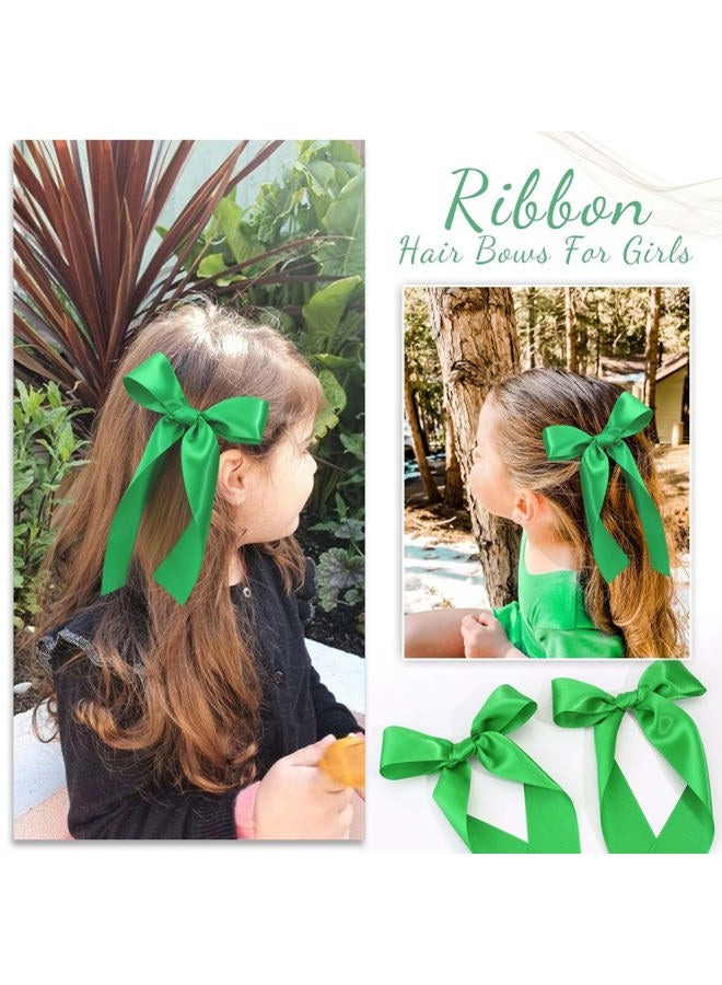 NCMAMA 2Pcs Long Ribbon Hair Bows for Girls Hair Clip Silk Hair Bow Ribbon Hair Accessories for Baby Toddlers Infant Teens Kids (Green) - Image 2