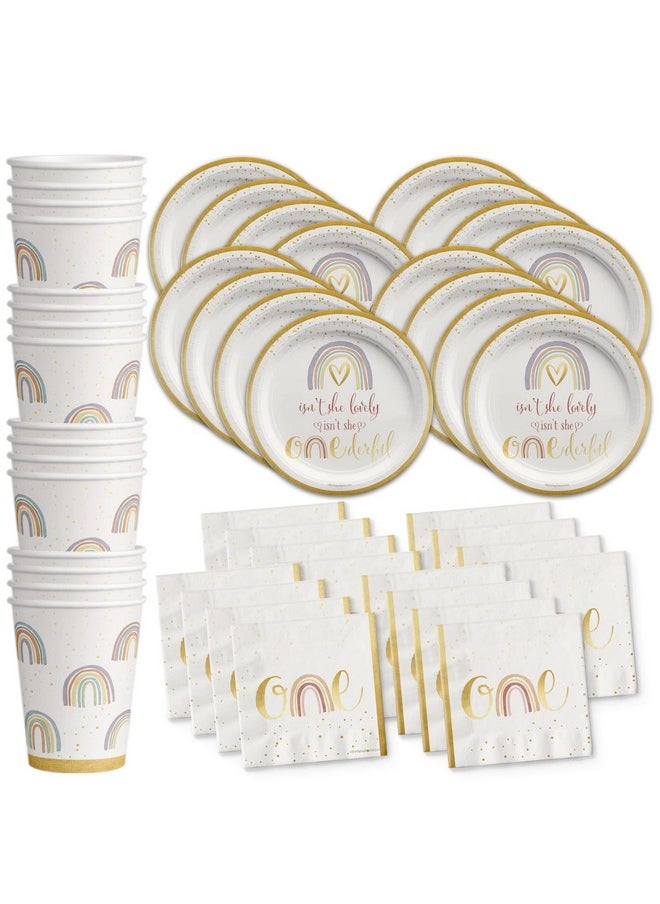 Birthday Galore Isn't She Onederful Rainbow 1st Birthday Party Supplies Set Plates Cups and Napkins Tableware Kit for 16  - Image 1