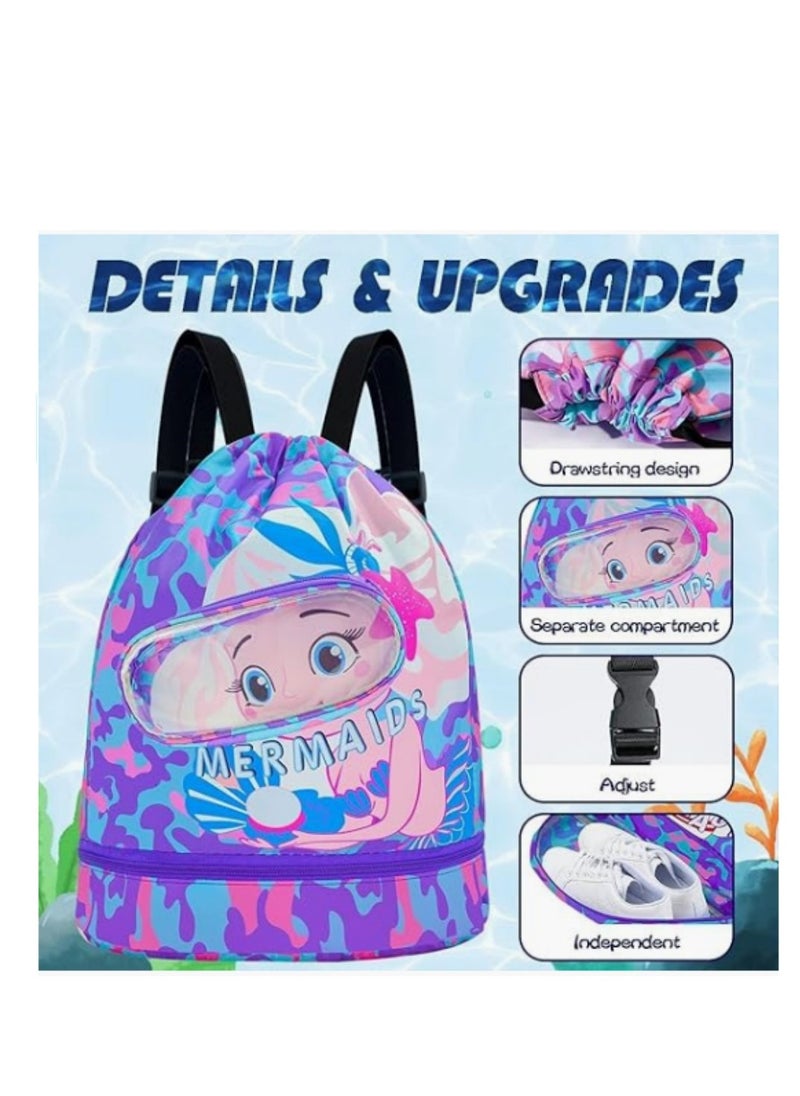 Generic Children's swimming backpack dry and wet separation waterproof storage bag portable drawstring backpack suitable for gym sports beach pool equipment bag (blue + purple)  - Image 4