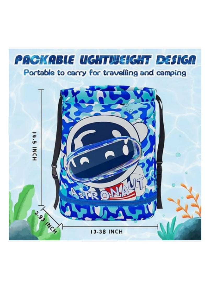 Generic Children's swimming backpack dry and wet separation waterproof storage bag portable drawstring backpack suitable for gym sports beach pool equipment bag (blue + purple)  - Image 3