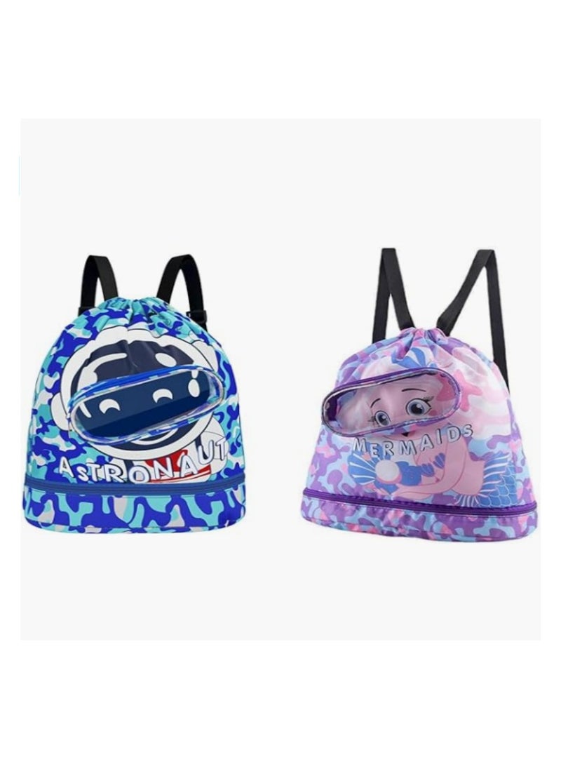 Generic Children's swimming backpack dry and wet separation waterproof storage bag portable drawstring backpack suitable for gym sports beach pool equipment bag (blue + purple)  - Image 1