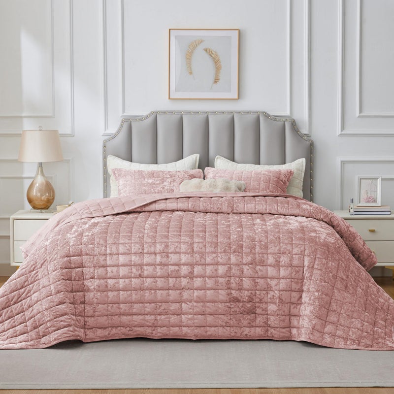 BEDELITE Velvet Quilt Set Queen Size - Luxury Velvet Comforter Bedding Set 3 Pieces, Lightweight Soft Cozy Shiny Dusty Pink Oversized Bedspread Coverlet for All Seasons with 2 Pillow Shams - Image 2