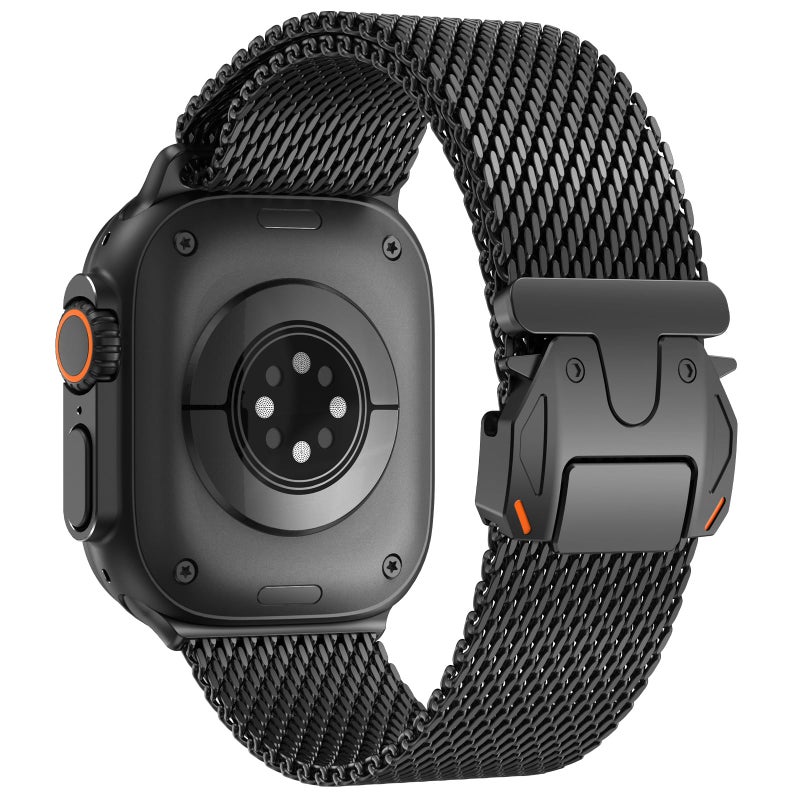 WINGLE Milanese Loop for Apple Watch Band Ultra 3/2/1 Band Ultra 49mm Series 11 10 46mm 45mm 44mm SE 3/2/1 9 8 7 6 5 4 3 Men Women,Parachute-Style Buckle Stainless Steel Mesh Metal iWatch Bands, Black - Image 1