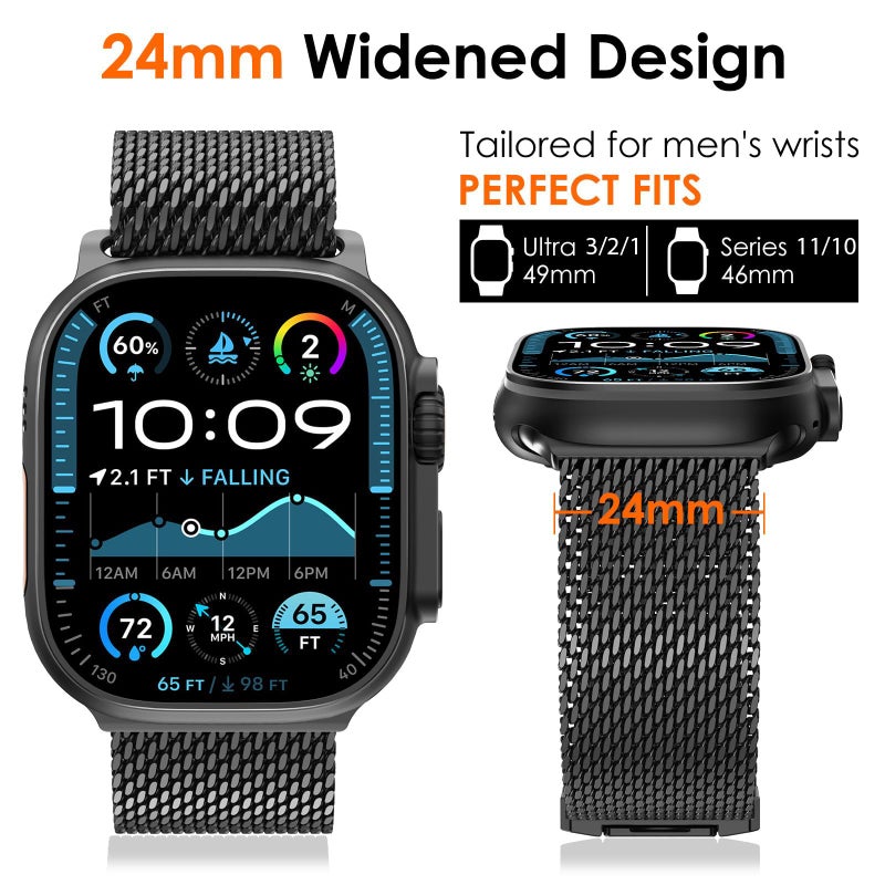 WINGLE Milanese Loop for Apple Watch Band Ultra 3/2/1 Band Ultra 49mm Series 11 10 46mm 45mm 44mm SE 3/2/1 9 8 7 6 5 4 3 Men Women,Parachute-Style Buckle Stainless Steel Mesh Metal iWatch Bands, Black - Image 5