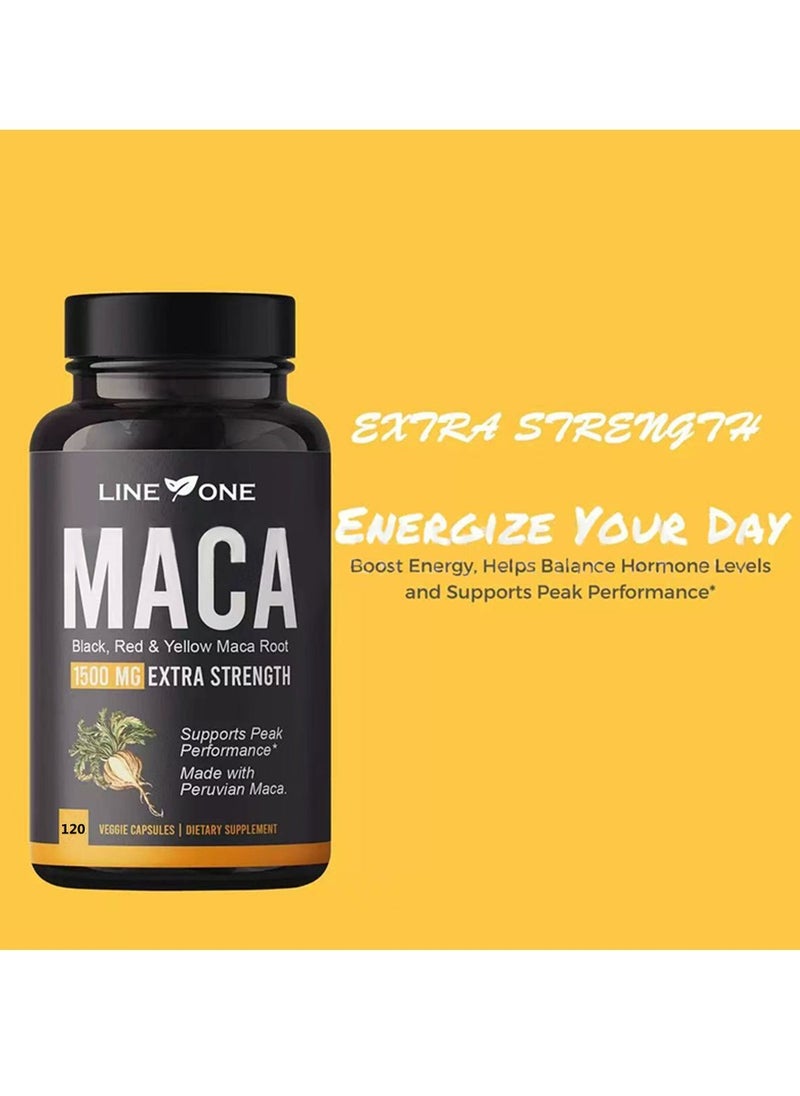 السطر الأول Maca Extra Strength 1500mg المكملات الغذائية تساعد على دعم الصحة للرجال 120 كبسولة  - Image 2