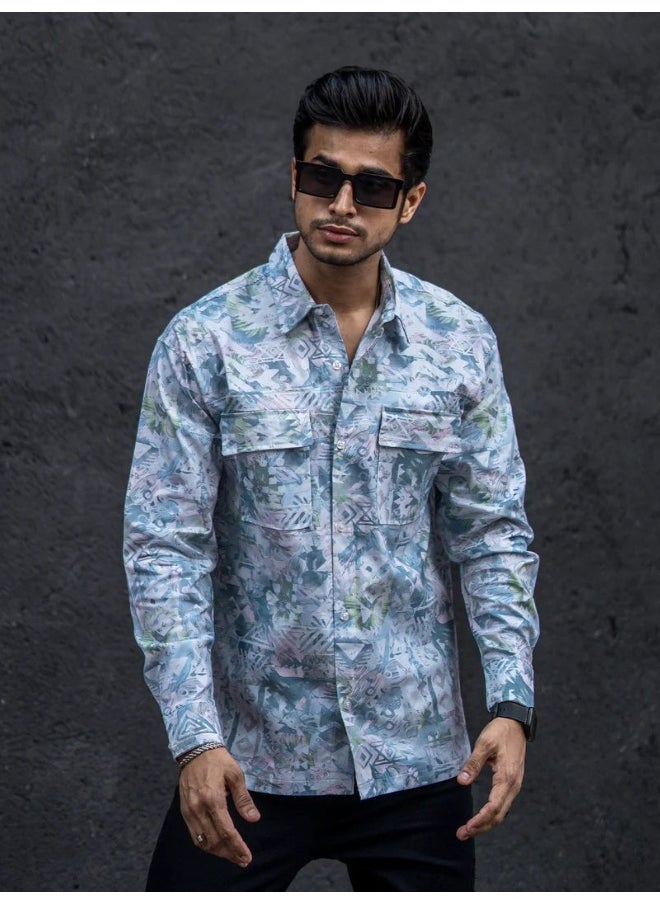 Maniac Maniac Mens All Over Printed Full Sleeve White and Blue Cotton Shirt  - Image 3