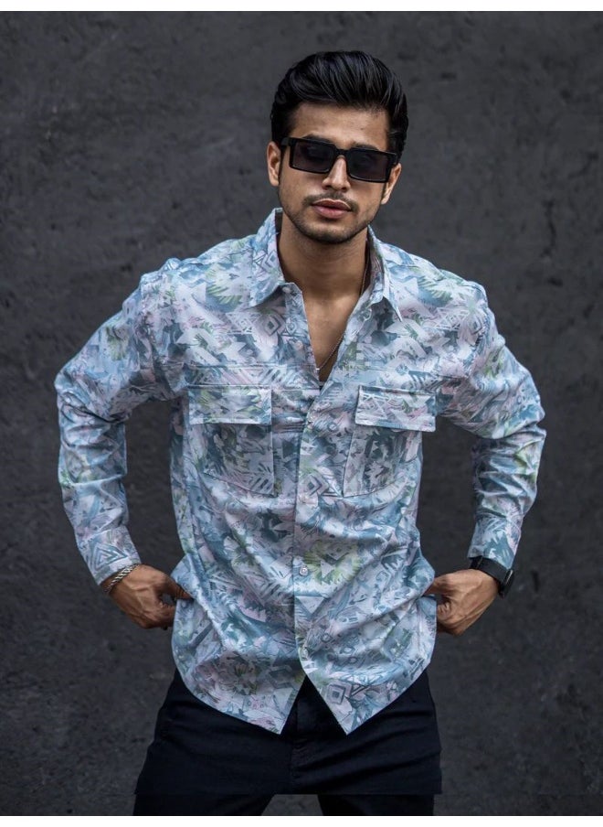 Maniac Maniac Mens All Over Printed Full Sleeve White and Blue Cotton Shirt  - Image 5
