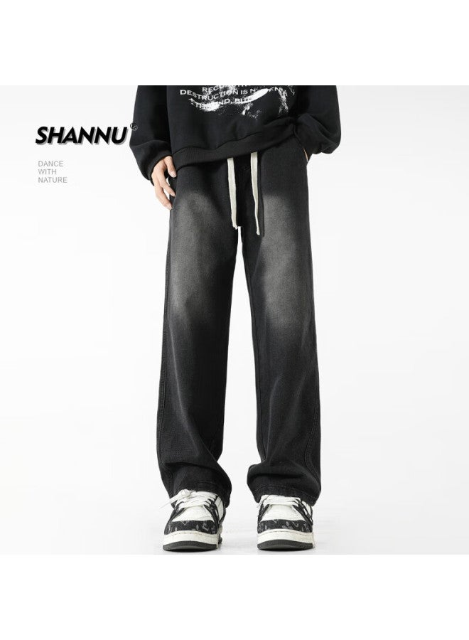 Shannu Men's Summer Black American Style Loose Casual Straight Leg Jeans For Students Grinding White And Black XL - Image 2