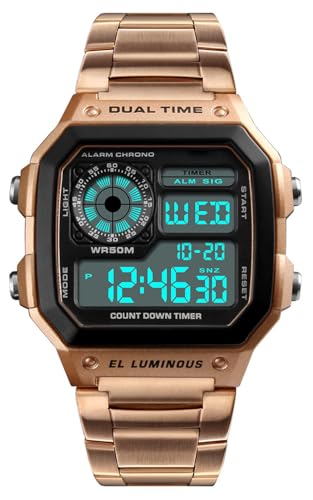 Reginald Watches for Men Fashion Trend Rose Gold Multifunction Waterproof Watch EL Light Digital Chronograph Stainless Steel Square Watches Rose Gold - Image 1