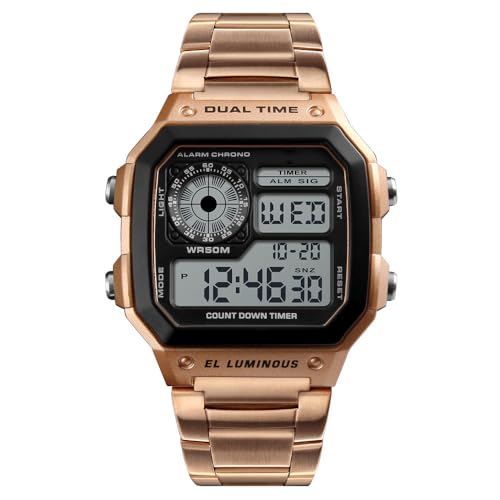 Reginald Watches for Men Fashion Trend Rose Gold Multifunction Waterproof Watch EL Light Digital Chronograph Stainless Steel Square Watches Rose Gold - Image 3