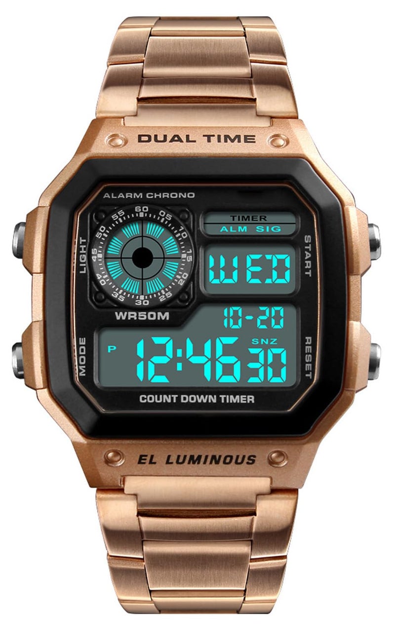 Reginald Watches for Men Fashion Trend Rose Gold Multifunction Waterproof Watch EL Light Digital Chronograph Stainless Steel Square Watches Rose Gold - Image 2