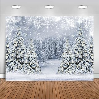 Mocsicka Winter Scene Backdrop Snowy Christmas Pine Tree Halo Spots Photography Background White Wonderland Snowflake - Image 1