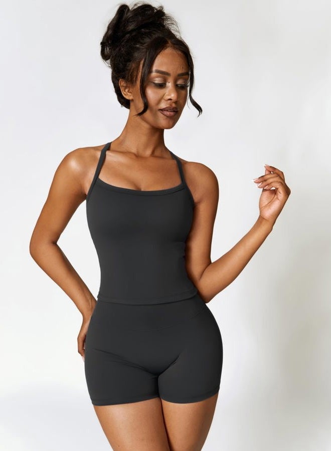 ABOCIW Workout Sets for Women 2 Piece Padded Sports Bra Tank High Waist Booty Gym Shorts Active Yoga Outfits, Black, XS - Image 3