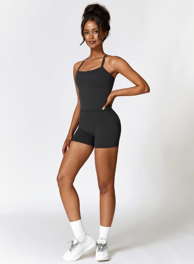 ABOCIW Workout Sets for Women 2 Piece Padded Sports Bra Tank High Waist Booty Gym Shorts Active Yoga Outfits, Black, XS - Image 4