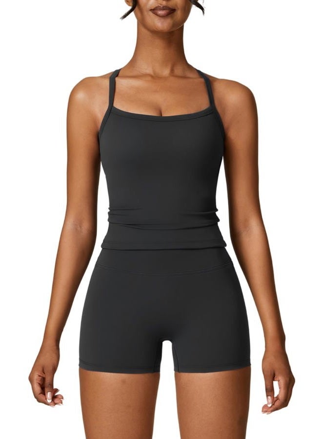 ABOCIW Workout Sets for Women 2 Piece Padded Sports Bra Tank High Waist Booty Gym Shorts Active Yoga Outfits, Black, XS - Image 1