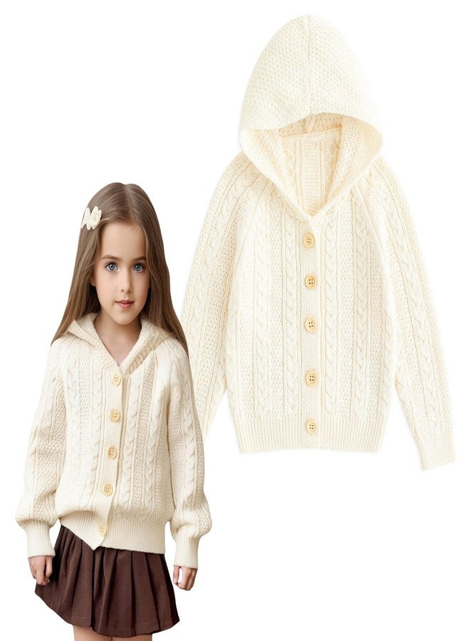 Curipeer Baby Toddler Girls Knitted Hoodie Cardigan Sweater Toddler Girls Hooded Cable Knit Cardigan Jacket for Spring and Autumn Apricot 4-5T - Image 1