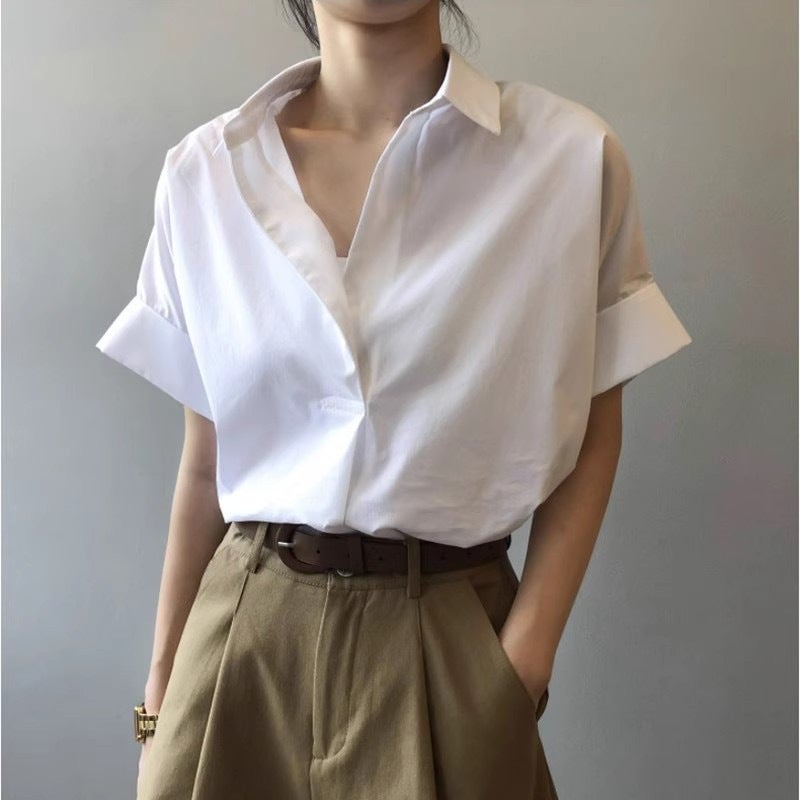 [Imitation Cotton] 2023 Summer Hollow Back Shirt Womens Design Sense Fashion Casual Western Style Top 1837#white