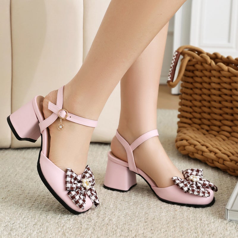 Wish Fashion High Heel Square 40-43 Sweet Bow Back Empty Sandals Women - Image 3