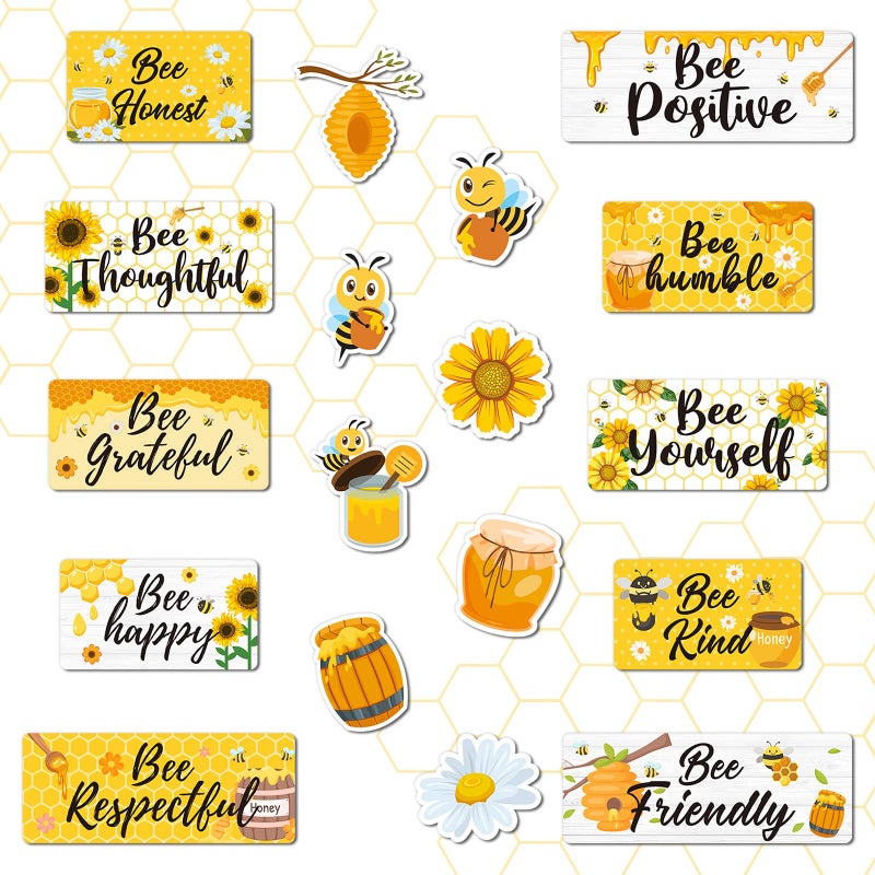 Whaline Bee Motivational Classroom Decor Summer Bulletin Board Back to School Honeybee Honeycomb Hive Cutouts Inspirational Bee Sign Positive Rule Poster for School Chalkboard Wall Decor 26Pcs