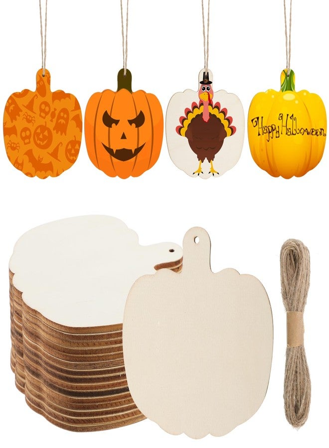 AWIZOM 60 Pcs Wooden Pumpkin Cutouts Unfinished Pumpkin Wood Slices Blank Fall Wood Cutouts with Hole Wood Thanksgiving Hanging Ornament with Rope for DIY Crafts Halloween Autumn Harvest Decor,3.86x3.94 - Image 1