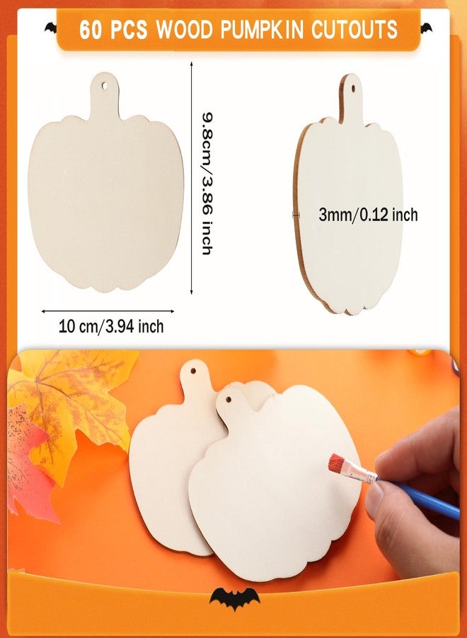 AWIZOM 60 Pcs Wooden Pumpkin Cutouts Unfinished Pumpkin Wood Slices Blank Fall Wood Cutouts with Hole Wood Thanksgiving Hanging Ornament with Rope for DIY Crafts Halloween Autumn Harvest Decor,3.86x3.94 - Image 2