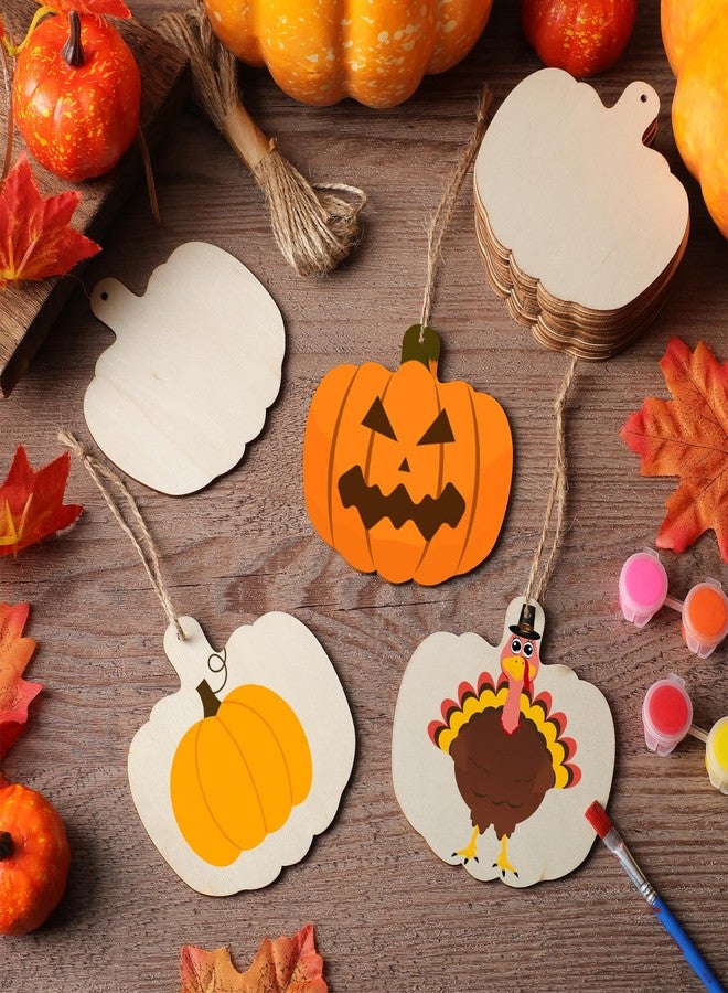 AWIZOM 60 Pcs Wooden Pumpkin Cutouts Unfinished Pumpkin Wood Slices Blank Fall Wood Cutouts with Hole Wood Thanksgiving Hanging Ornament with Rope for DIY Crafts Halloween Autumn Harvest Decor,3.86x3.94 - Image 5