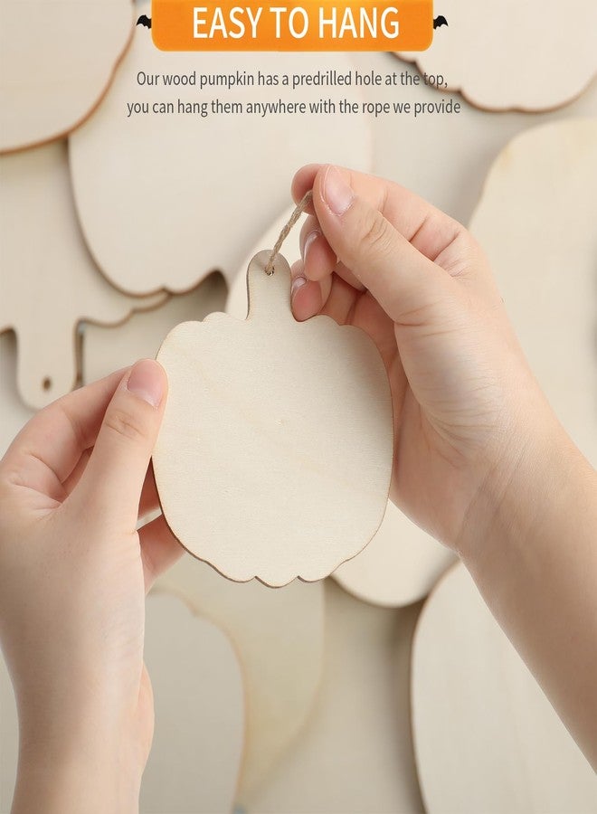 AWIZOM 60 Pcs Wooden Pumpkin Cutouts Unfinished Pumpkin Wood Slices Blank Fall Wood Cutouts with Hole Wood Thanksgiving Hanging Ornament with Rope for DIY Crafts Halloween Autumn Harvest Decor,3.86x3.94 - Image 3