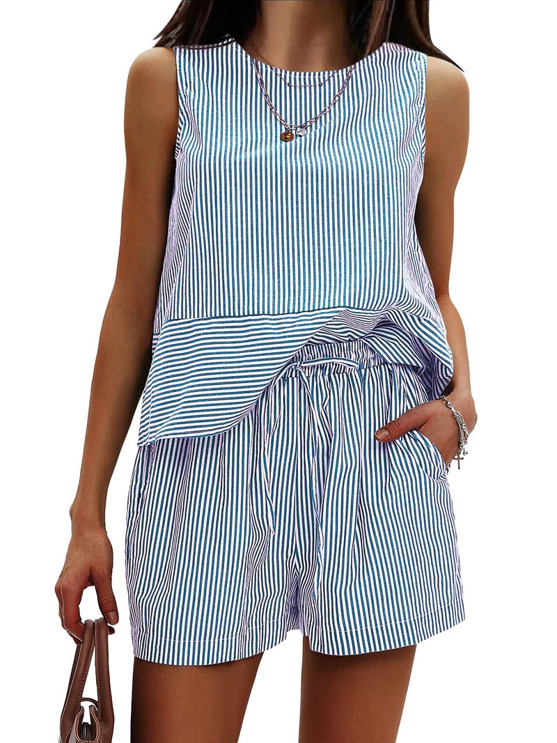 EXLURA Womens 100% Cotton Two Piece Sets Summer Outfits Casual Sleeveless Tank Top Matching Shorts Sets Beach Vacation Resort - Image 1