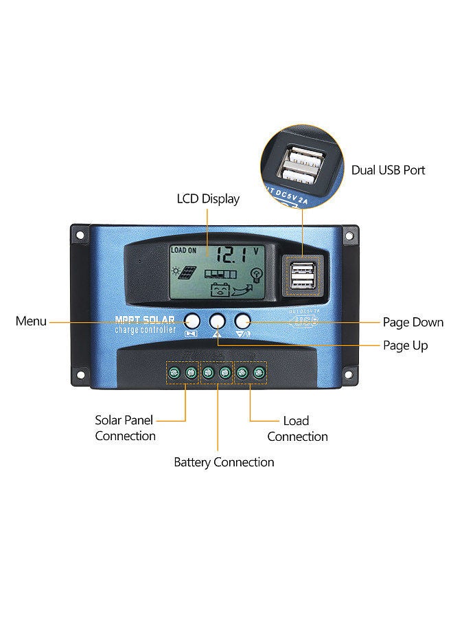 MPPT Solar Charge Controller Dual USB Solar Controller Smart LCD Screen MPPT Tracking 5V/2A Dual USB Output 12V/24V Automatic Identification