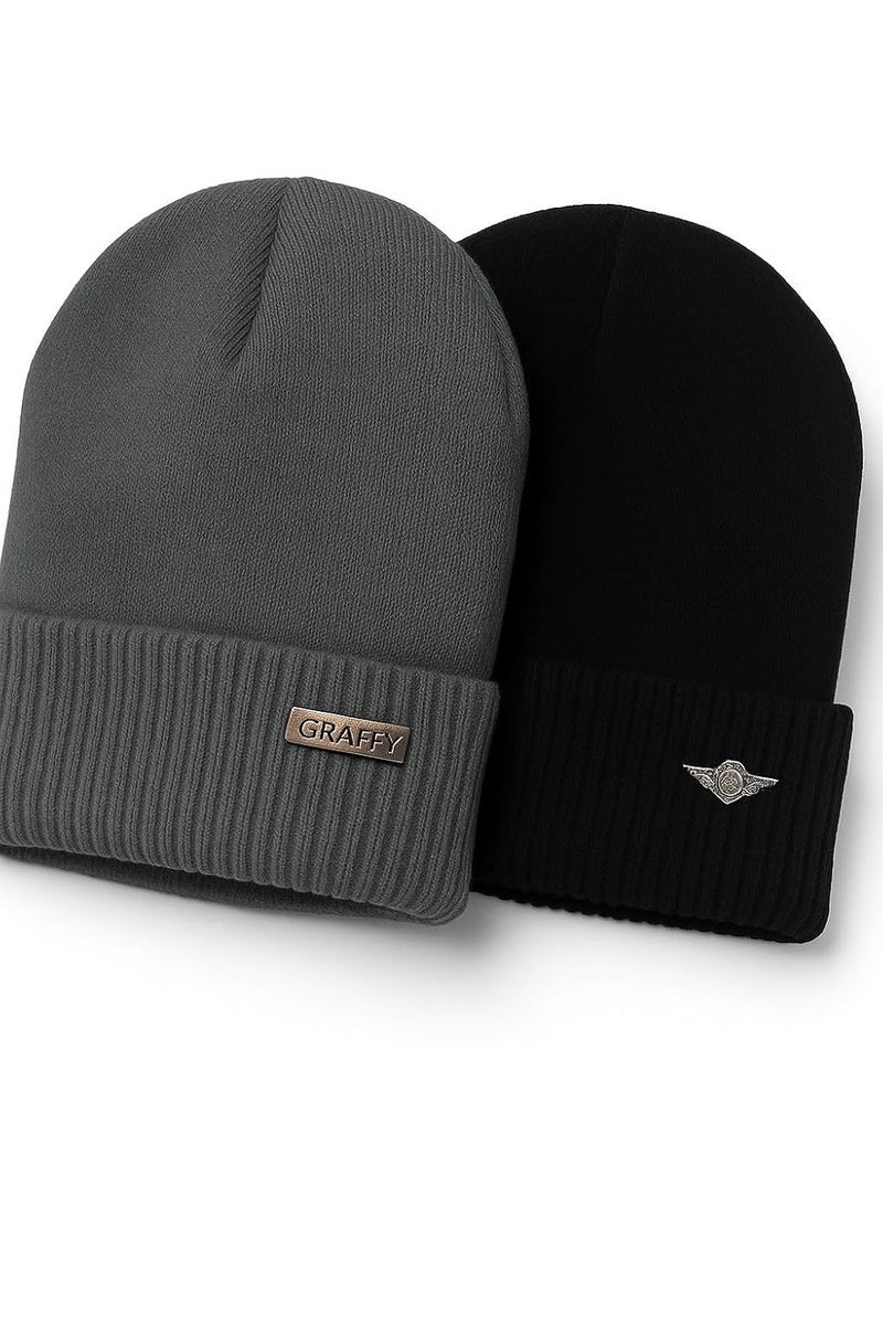 GRAFFY Store Woolen Cap for Men and Women | Winter Woolen with Soft Fur Inside | Free Size Warm Beanie Hat for Winter | Black & Grey Woolen Cap for Men & Women - Image 5